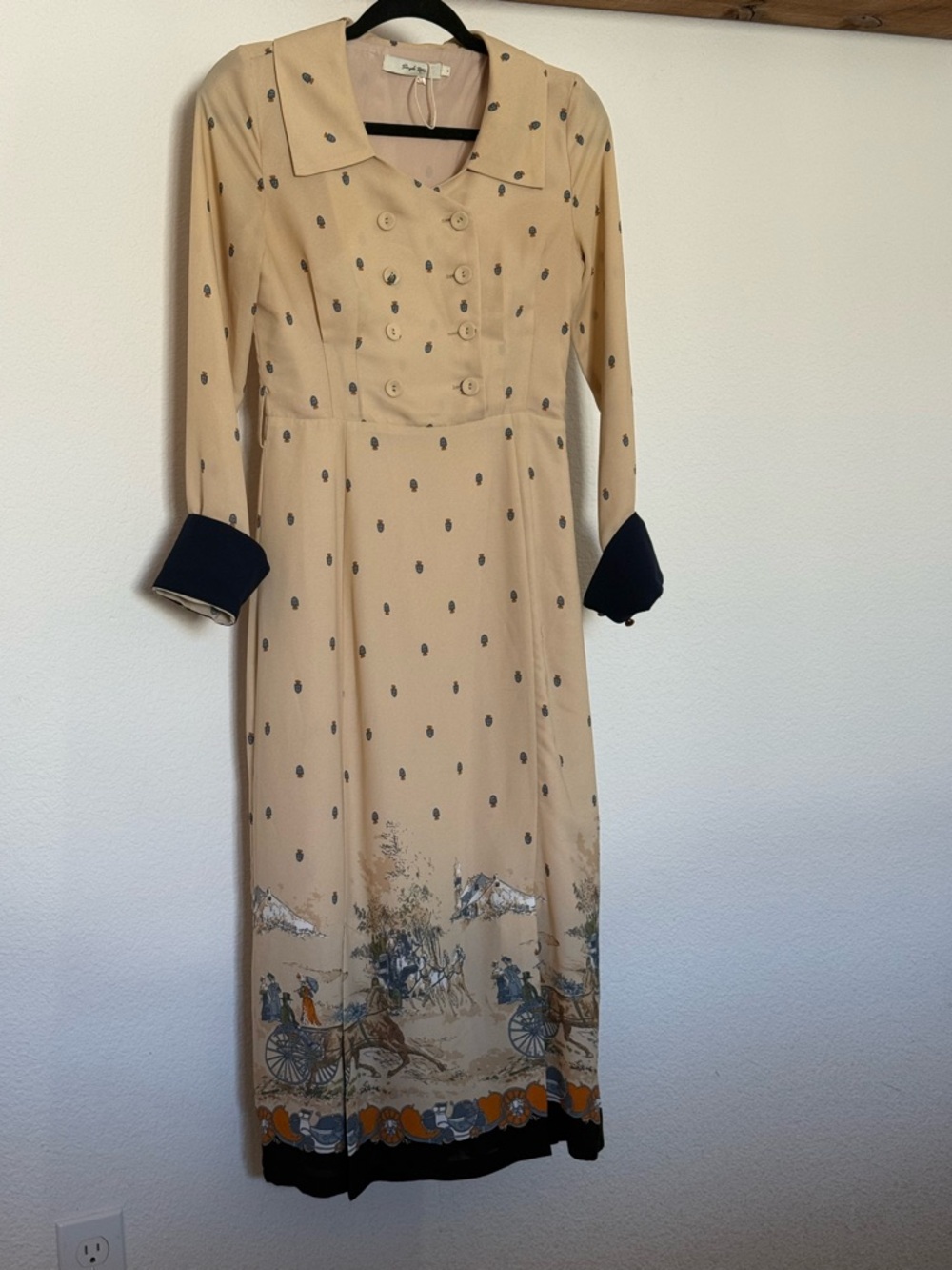 Beige Long-Sleeve Printed A-Line Dress with Navy Cuffs